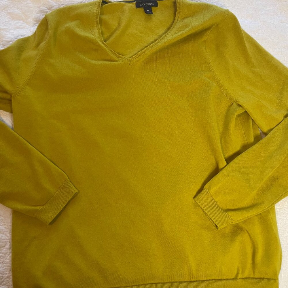 Lands’ End Green 100%  Supima Cotton V-Neck Pullover Sweater  Size: XL